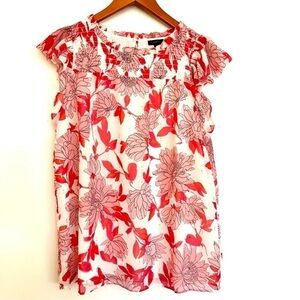 Talbots Pink and White Floral Smocked Ruffle Top Size Medium